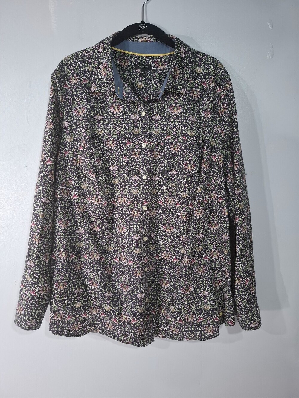 Talbots Women Button Up Top 18W Dark Floral Bird Cotton Roll Tab Sleeve Preppy